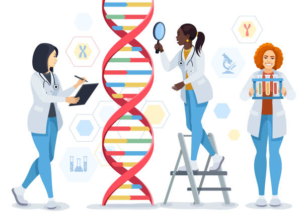 illustrazioni stock, clip art, cartoni animati e icone di tendenza di il personaggio afroamericano del medico sta testando il dna con una lente d'ingrandimento. scienziato con una provetta. laboratorio scientifico, scienziati chimici e laboratorio clinico. - laboratory test tube student scientist