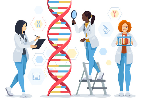 African-American Female Doctor character are testing DNA with magnifier. Scientist with a test tube. Medical laboratory concept. Medical laboratory concept. Genetic test concept.