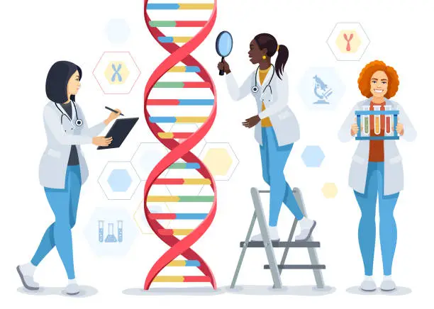 Vector illustration of African-American Female Doctor character are testing DNA with magnifier. Scientist with a test tube. Science laboratory, chemistry scientists and clinical lab.