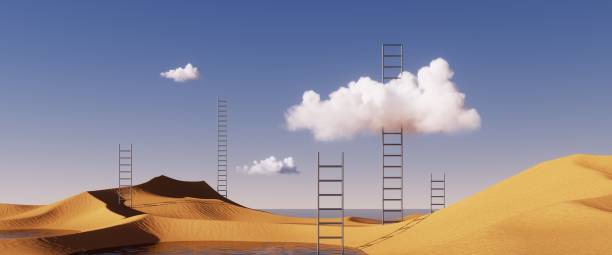 istock 3d render. Abstract surreal background. Desert scenery. Panoramic landscape with sand dunes, water and flat round mirror disk under the clear blue sky. Minimal fantastic wallpaper 1474827119