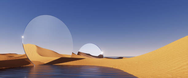 istock 3d render. Abstract surreal background. Desert scenery. Panoramic landscape with sand dunes, water and flat round mirror disk under the clear blue sky. Minimal fantastic wallpaper 1474827132