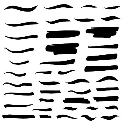 Set of swash hand drawn brush lines, underlines. Vector collection of calligraphic elements in doodle style. Swirl swoosh brushstroke.