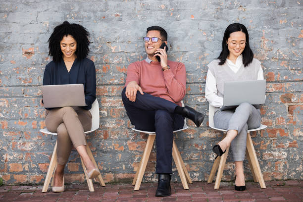 istock Recruitment, phone call. or UX web design team in digital tech company, job interview or corporate waiting room. Online networking marketing hiring staff, designer or website SEO people for recruit 1474830845