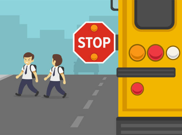 확장된 정지 표지판이 있는 스쿨 버스의 클로즈업. 길을 건너는 학교 소년들. - bus child waiting education stock illustrations