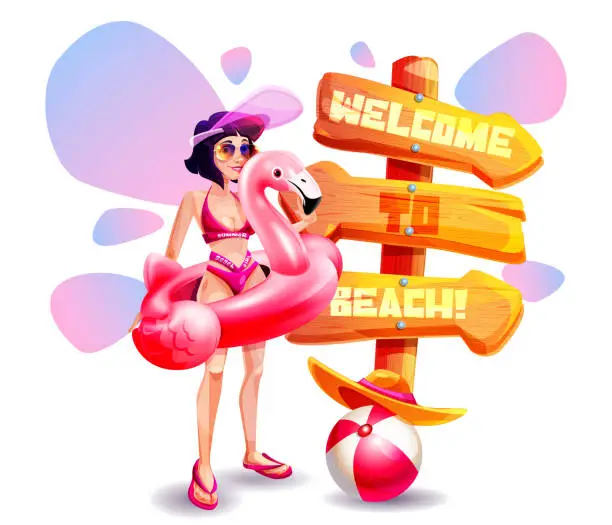 Vector illustration of Beach holiday concept in cartoon style. Young female in a swimsuit holding an inflatable pink flamingo and a wooden beach direction sign on an white background.