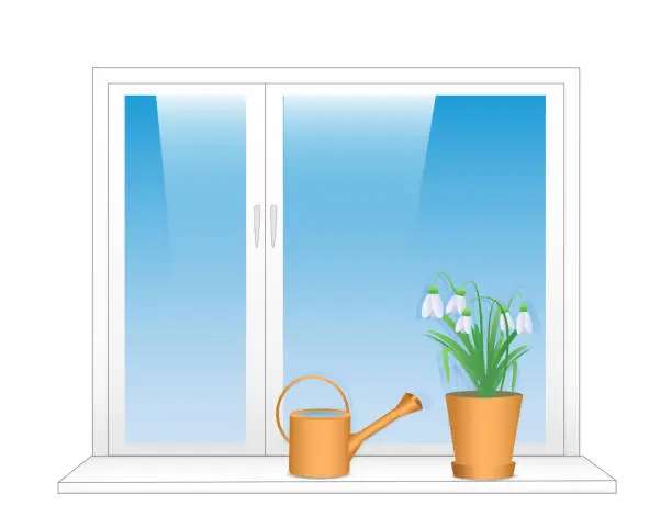 Vector illustration of Seedlings in spring in pots stand on the windowsill, watering can. Young plants on the window, sky. Modern flat vector illustration without raster effects