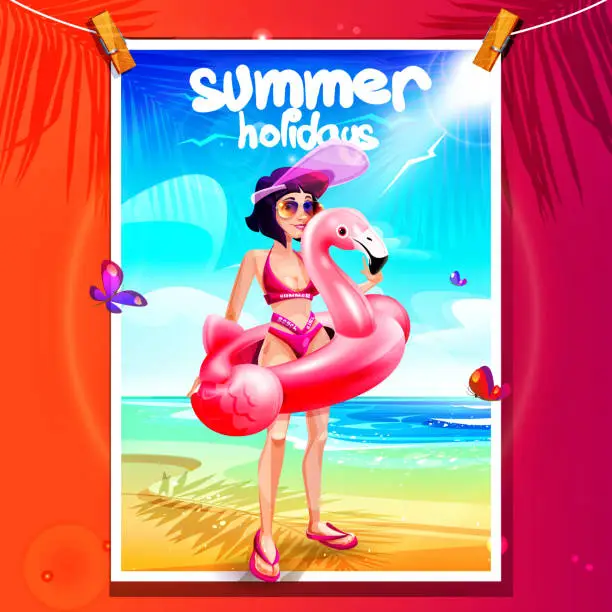 Vector illustration of Beach holiday concept in cartoon style. Poster on clothespins with a beautiful girl with an inflatable pink flamingo and butterfly's on the seashore.