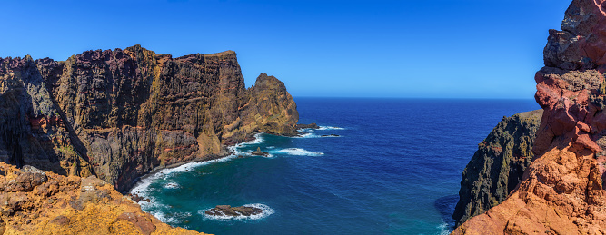 View of the rocks in Ponta de Sao Lourenco, Madeira islands, Portugal. Beautiful scenic mountain view of cliffs and Atlantic Ocean. Beauty of nature.