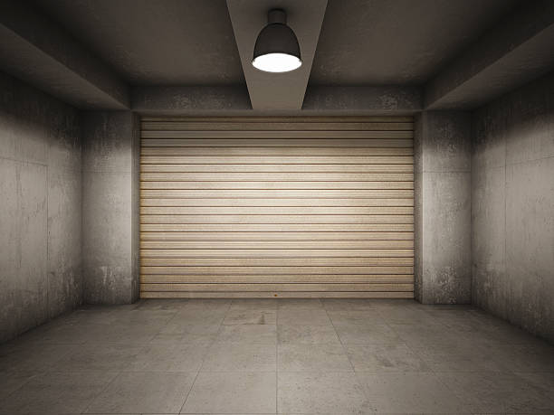 istock Empty concrete garage with beige door 147483433