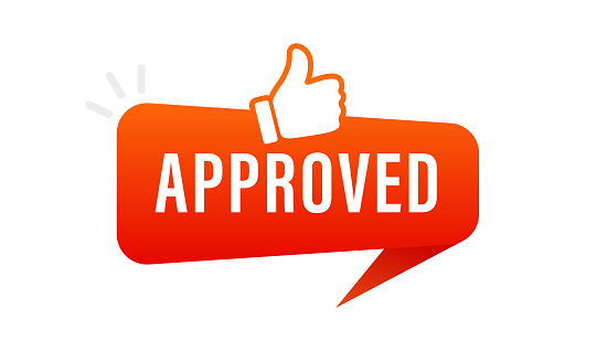 Banner thumbs up approved. Approved icon with thumb up. Approved label for quality control. Accepted logo. Modern recommend badge. Vector illustration
