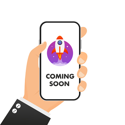 Launching soon marketing store template on a smartphone. Coming soon announcement flyer banner. Project launch and development process. Innovation product, creative idea. Vector illustration