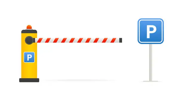Vector illustration of Closed car barriers. Parking barrier gate sign. Street road stop border. Barricade with flashing light for safety. Curb for entering the park, garage, construction. Vector illustration