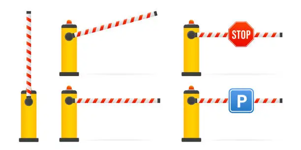 Vector illustration of Closed and open car barriers. Parking barrier gate sign. Barricade with flashing light for safety. Curb for entering the park, garage, construction. Parking sign and stop sign. Vector illustration