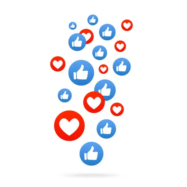 Vector illustration of Like and Heart. Thumbs up. Flying hearts. Red hearts of different sizes fly away. Social nets blue thumb up. Social media concept. Blogging. Vector illustration