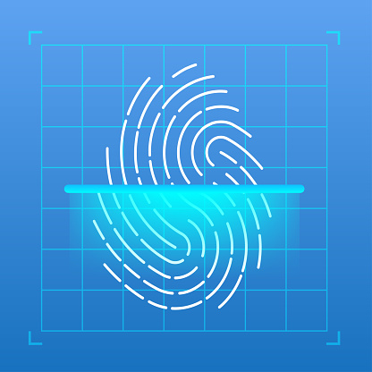 Fingerprint scanner. Fingerprint identification system. Concept of biometric authorization and business security. On the background of computer technologies. Vector illustration
