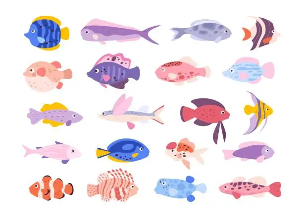 Vector illustration of Cartoon cute tropical ocean exotic aquarium fishes. Goldfishes, tetra, barb, angelfish and lionfish. Small freshwater fish pets vector set