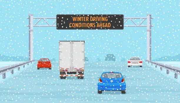 Vector illustration of Cars passing through warning led display at highway. Winter driving conditions.