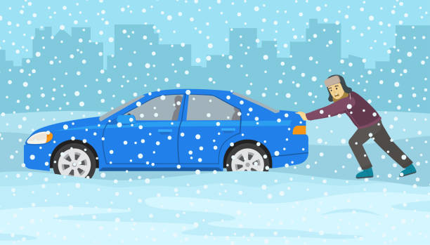 Young driver man pushing his car stuck in snow. Winter season car driving. Young driver man pushing his car stuck in snow. Winter season car driving. Flat vector illustration template. snow storm city stock illustrations