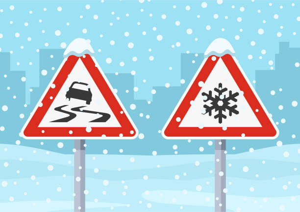 ilustraciones, imágenes clip art, dibujos animados e iconos de stock de consejos de conducción de la temporada de invierno y reglas de regulación del tráfico. nieve invernal y señales de tráfico heladas. - skidding bend danger curve