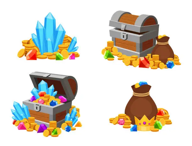 Vector illustration of Cartoon treasure with gold coins and colorful gemstones. Open and closed chests, bag and money heaps