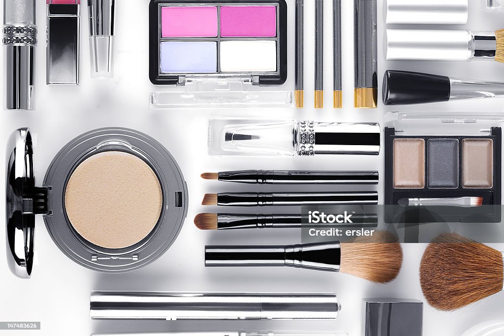 make up Close up view of cosmetic theme objects on white back Applying Stock Photo