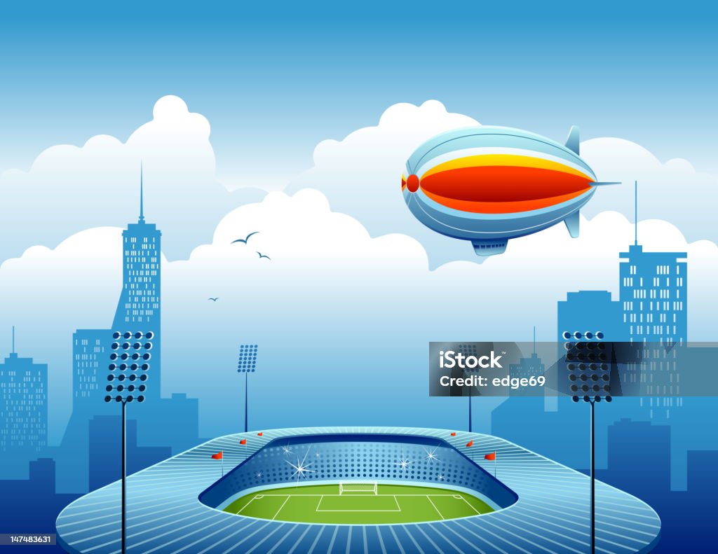 Stadio di calcio con Skyline della città e aria Dirigibile - arte vettoriale royalty-free di Stadio