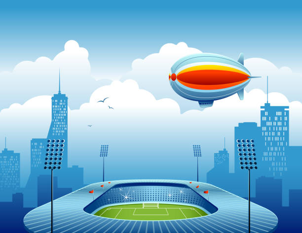 illustrazioni stock, clip art, cartoni animati e icone di tendenza di stadio di calcio con skyline della città e aria dirigibile - stadium soccer blimp vector