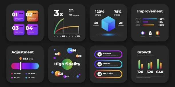 Vector illustration of Infographic cards. Business presentation mockup with charts graphics diagram on dark background. Vector modern set