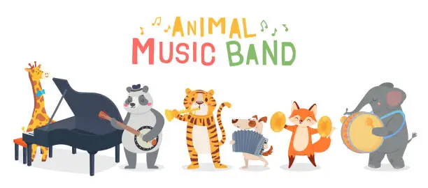 Vector illustration of Animal musicians characters playing different musical instruments. Jazz band performing melody. Giraffe playing piano