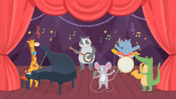Vector illustration of Animal musicians characters on theatre stage. Giraffe, rhino, crocodile and panda playing piano, drums and saxophone