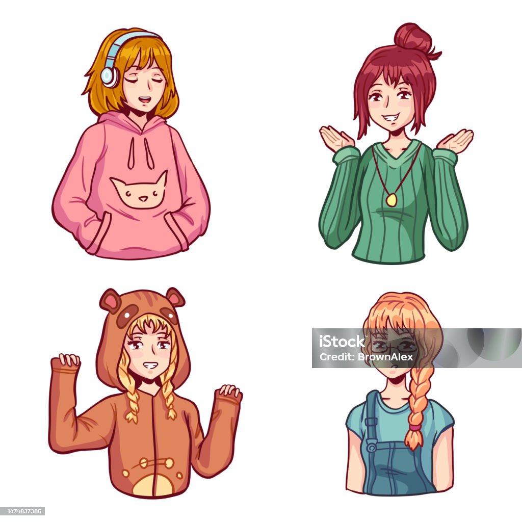 Anime Girls Character Kit Different Manga Female Teenagers In Cute