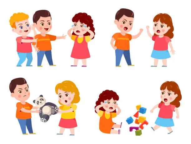 Vector illustration of Kids bad behavior. Boys making grimace and offend crying girl, sibling argue or quarrel. Friends fighting over toy