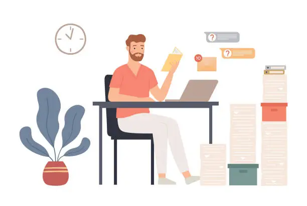 Vector illustration of Procrastination concept. Male employee sitting at workplace and reading book. Unproductive worker postpone paperwork