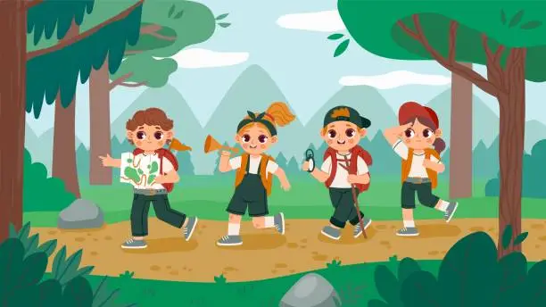 Vector illustration of Kids on a hike. Cartoon kids walking in wood, summer journey and adventure trip with backpacks. Vector scout kids survive in nature