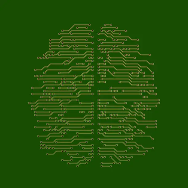Vector illustration of Top view of a green circuit board brain