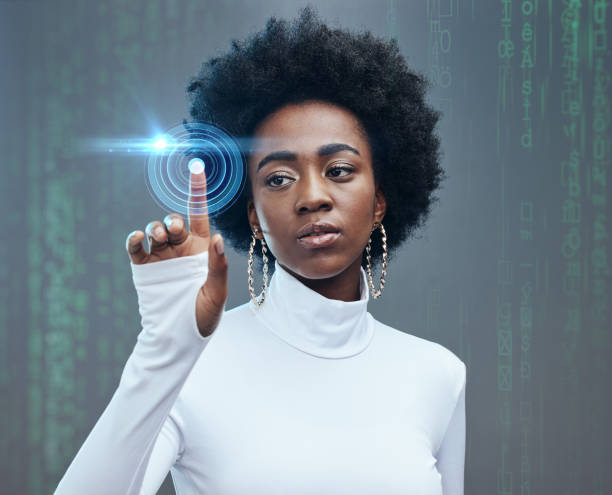 istock Futuristic, hologram and black woman with technology in a studio for digital tech innovation. Future, modern and young African girl model with 3d graphic metaverse overlay isolated by gray background 1474839386