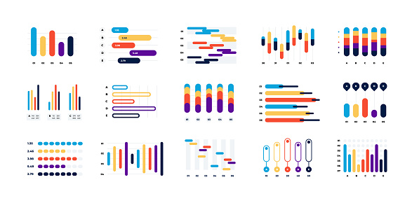 Graph chart. Financial statistic infographic template, stock and business histogram, financial modern analysis layout. Vector isolated set. Illustration of financial line analysis, finance histogram