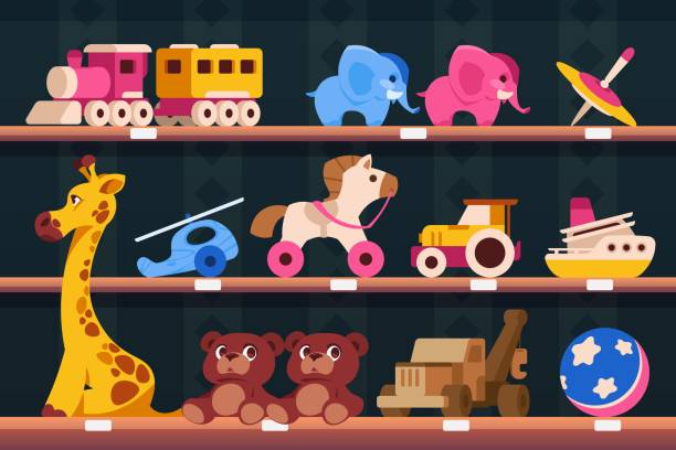 Shelf with toys. Cartoon shop shelves with colorful kid toys, various transport animals and puzzles. Vector children toyshop illustration Shelf with toys. Cartoon shop shelves with colorful kid toys, various transport animals and puzzles. Vector children toyshop illustration. Wooden and plastic teddy, helicopter, tractor ursus tractor stock illustrations