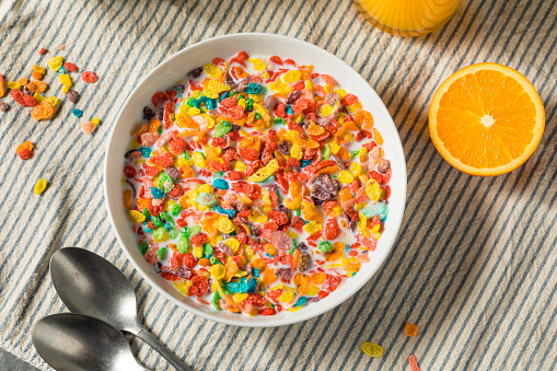 Sweet Sugary Fruity Breakfast Cereal with MIlk and Juice