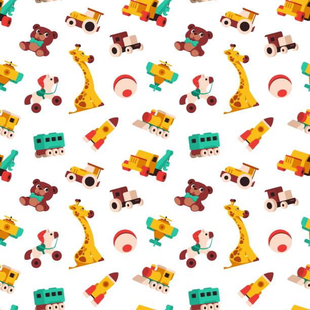Cartoon toys pattern. Seamless print with kid colorful toys, cute baby transport animals and puzzle games. Vector texture Cartoon toys pattern. Seamless print with kid colorful toys, cute baby transport animals and puzzle games. Vector texture. Giraffe, train and rocket objects on design for wrapping paper, wallpaper ursus tractor stock illustrations