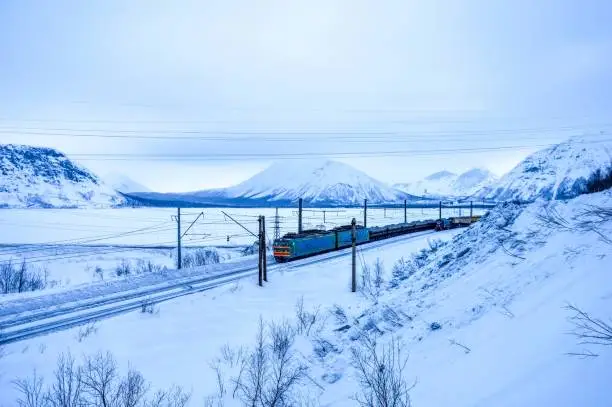 Train in a snowy landscape, Kirovsk, Murmansk Oblast, Russia