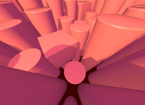 Abstract background with living coral colored pillars architectural structure on scientific landscape. 3D illustration