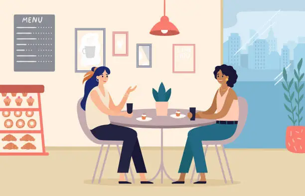 Vector illustration of Coffee break on work, people discussing and drink