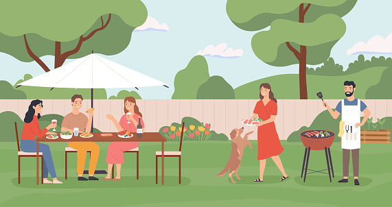 Friends enjoying party with barbecue on backyard. Summer barbecue picnic, bbq party together, vector illustration