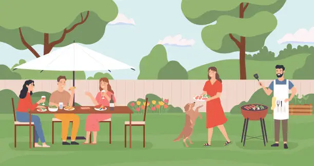 Vector illustration of Friends enjoying party with barbecue on backyard