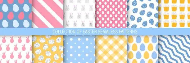 Vector illustration of Collection of colorful Easter seamless patterns. Holiday repeatable cute backgrounds. Vector illustrations