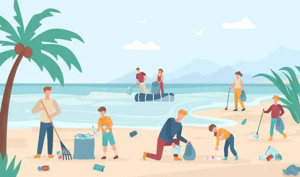 Vector illustration of Volunteers cleaning beach, collect garbage on coast