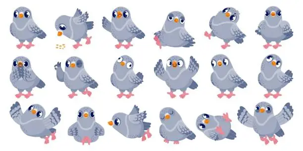 Vector illustration of Cartoon pigeon. Funny bird character with various emotions in different poses, comic mascot clip art. Vector dove animal in flight isolated set