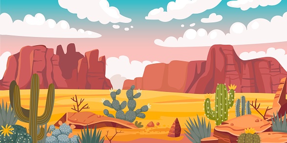 Desert landscape. Cartoon sand horizon with rocks, cactus and sandy valley. Vector wild desolated background. Nature with solid cliffs, dry land and plants, outdoor environment, hot climate
