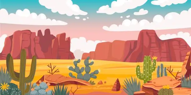 Vector illustration of Desert landscape. Cartoon sand horizon with rocks, cactus and sandy valley. Vector wild desolated background